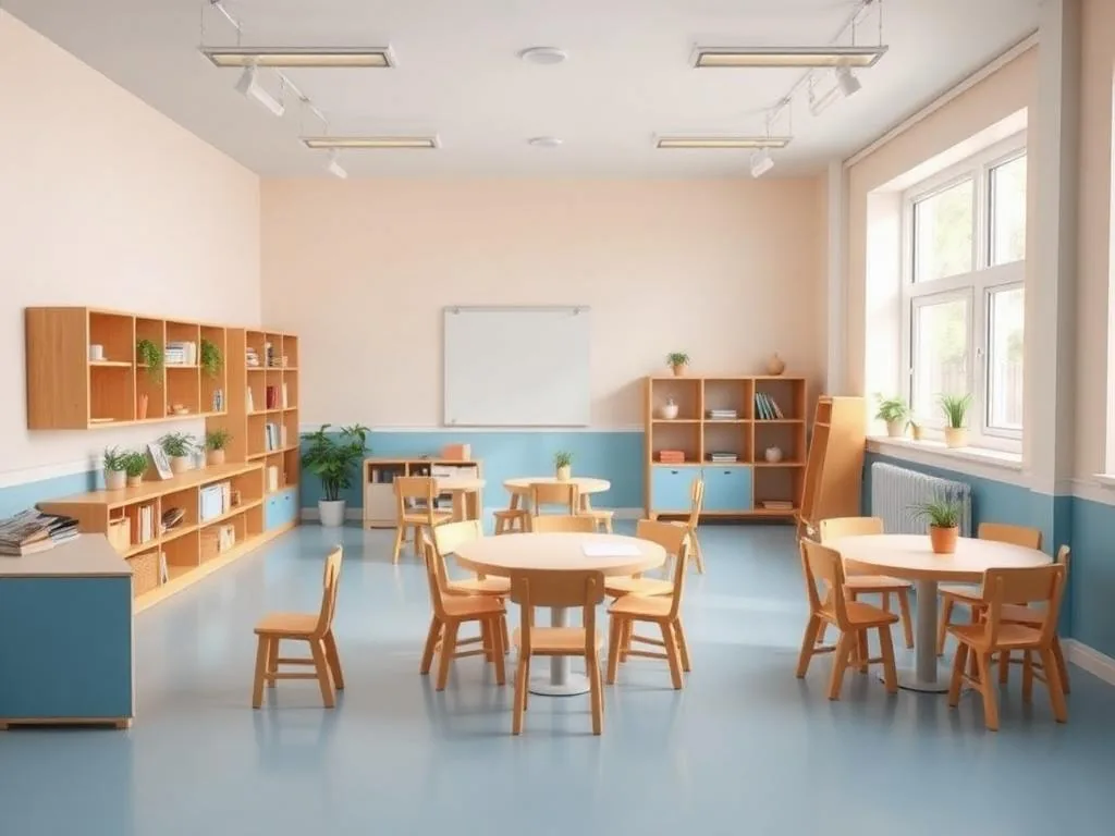 A bright, warm microschool classroom with soft blue and cream tones and small group learning tables