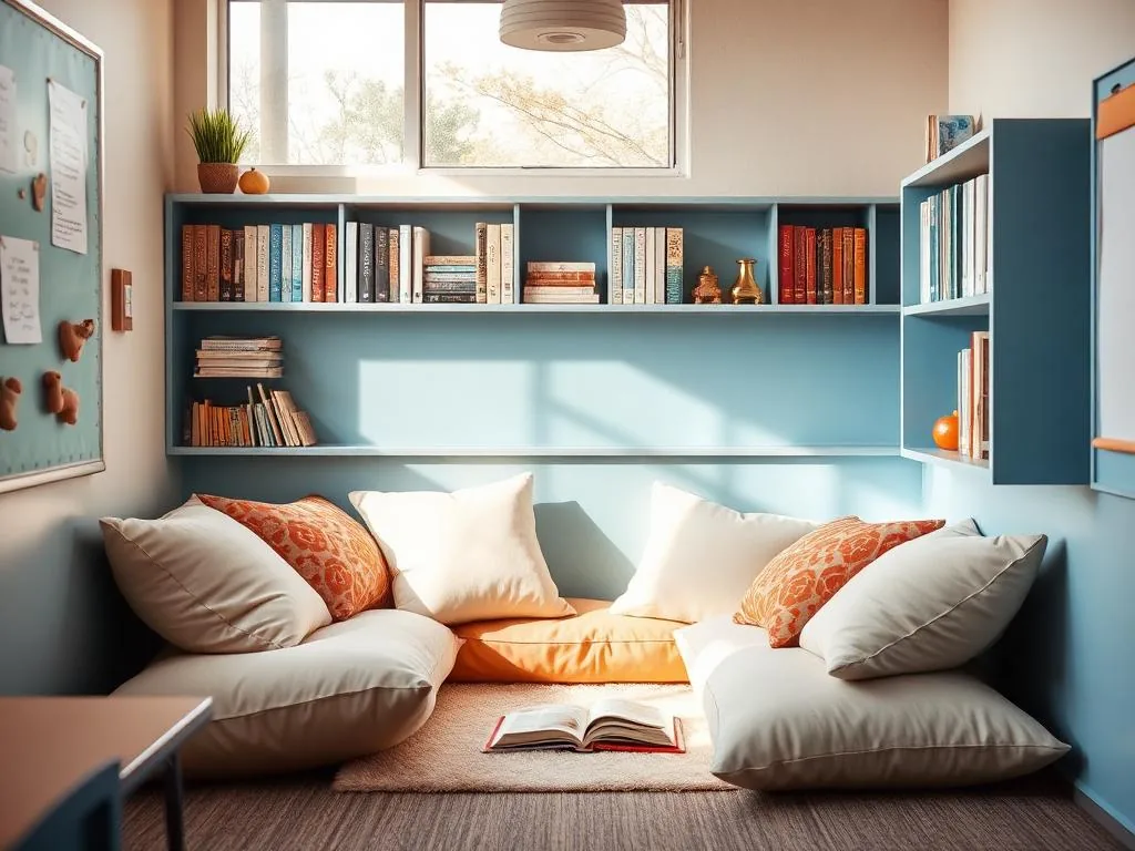 A cozy reading corner with soft cushions and books in warm natural light